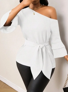 White denim effect one shoulder ruffle sleeve blouse with waist tie for women