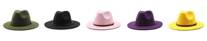Row of classic wool fedora hats in diverse colors with brown leather band detail