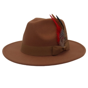 Detailansicht brauner Wollfilzhut Fedora mit Federn und eleganter Schleife
