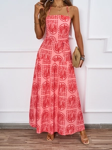 Detailed halter neck maxi dress featuring pink tropical coconut tree prints and a tied belt