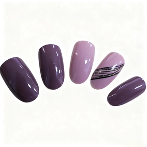 Classic purple press-on nails set with elegant black swirl lines and gold glitter detail