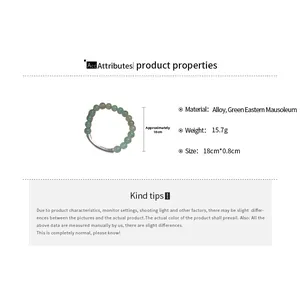 Detail view of 8mm Green Aventurine beaded bracelet with curved silver alloy tube spacer