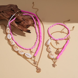 Three-piece ocean theme necklace set with pink beads, shells, and starfish pendants