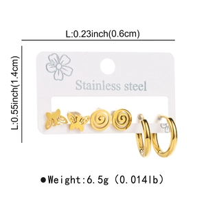 Detail view of golden stainless steel earring set showing butterfly and crown dimensions