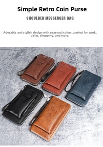 Close-up of five vintage leather long wallets for men with wrist straps and metal zippers