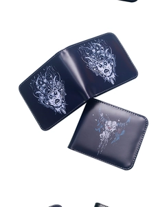 Detail view of navy blue skull wallet showing interior compartments and exterior pattern