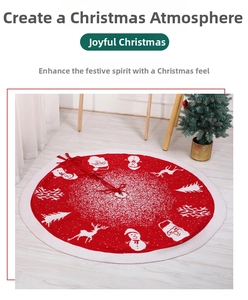 Detailed close-up of a red knitted Christmas tree skirt with festive white character prints