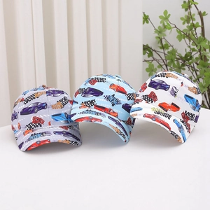 Detailed close-up of kids racing caps in white, sky blue, and light grey cotton