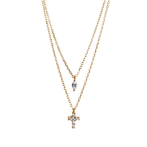 Double-layered gold necklace featuring marquise zircon and sparkling cross pendants
