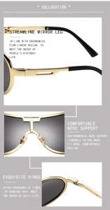Detail showing gold metal frame sunglasses with silicone nose pads and durable hinges