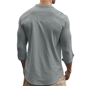 Rear view of a light gray long sleeve slim fit cotton linen shirt with rolled cuffs