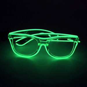 Detail of transparent LED glasses featuring luminous green EL wire on a dark background