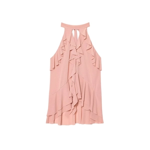 Pink layered ruffle halter neck sleeveless chiffon top for women displayed on white background