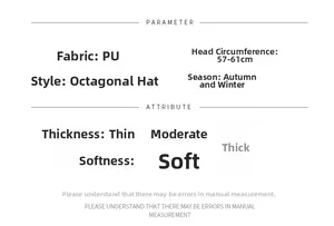 Detailed parameter chart for faux leather newsboy cap showing sizing and fabric specs