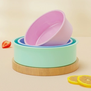 Stack of pink, purple, and green round silicone cake molds in three various sizes