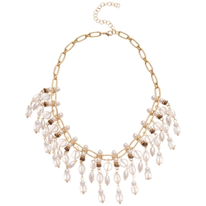Luxurious multi-layer gold necklace with white pearls and faceted crystal tassels