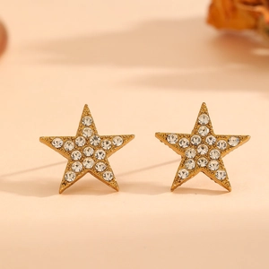 Golden star stud earrings with white crystal paving for women in minimalist style