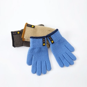 Knitted winter five-finger gloves for kids featuring baby smile tags in blue, beige, and grey