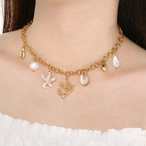 Ocean Theme Pendant Necklace 18K Gold Plated Stainless Steel With Shell Starfish Seahorse Crab And Imitation Artificial Pearl