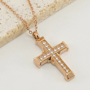 Minimalist rose gold stainless steel cross necklace with pavé-set round zircon stones