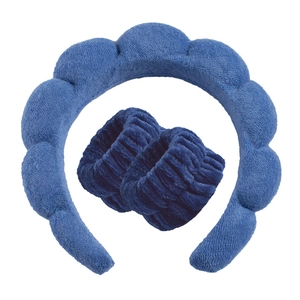 Conjunto de diadema de esponja azul marino y muñequeras de felpa para lavar la cara