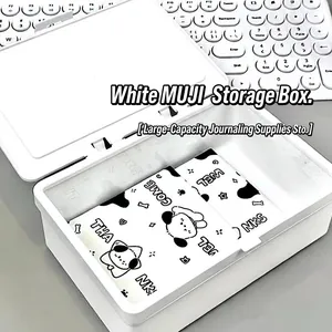 White minimalist desktop storage box with a translucent lid and large capacity for stationery