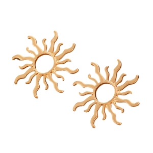 Vintage golden sunburst stud earrings with a bold sun flower design on white background