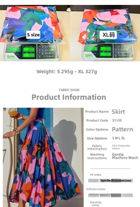 Tabella dettagliata con peso, fantasie boho e specifiche delle taglie per gonne lunghe