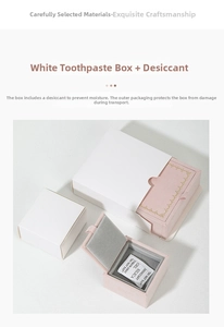 Detailed view of pink velvet jewelry box with gold trim, white outer box, and desiccant