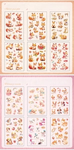 Detail of PET stickers featuring cute fox and puppy illustrations for DIY journals