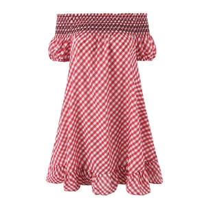 Robe Courte À Carreaux Gingham Polyester Épaules Dénudées Froncée Manches Bouffantes Ourlet À Volants Été Femme
