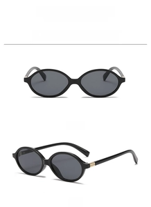 Detailed multi-angle views of retro oval black sunglasses with gold rivet accents