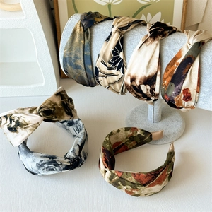 Vintage Oil Painting Printed Fabric Headband For Women Retro Twist Knot Wide Hair Hoop Soft Satin Cloth Headwrap Accessories