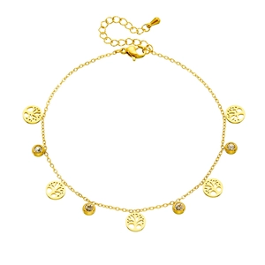 Golden stainless steel anklet with tree of life charms and sparkling zircon crystals
