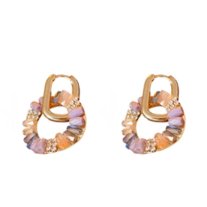 Baroque gold hoop earrings with pink and orange crystals and clear rhinestones