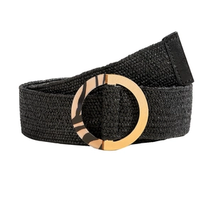 Elastic woven straw belt in black with unique gold and tortoiseshell resin round buckle