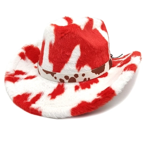 Détail de la texture douce et pelucheuse du chapeau de cow-boy au motif de vache rouge et blanc