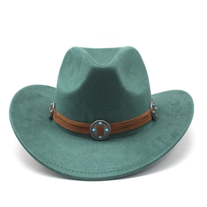 Detail of dark green suede fedora with brown leather band and turquoise studs