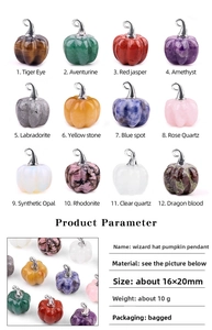 Detailed chart showing 12 different gemstone wizard hat pumpkin pendants with size specs