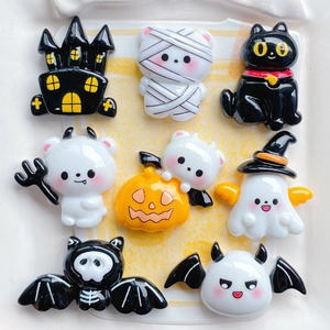 Set of 8 Halloween resin charms including ghosts, pumpkins, and black cats for DIY crafts
