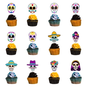 12-piece Mexican Day of the Dead sugar skull cupcake toppers set with vibrant designs