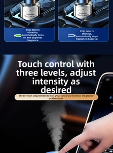 Smart car diffuser detail showing automatic sensor mist output and touch control modes