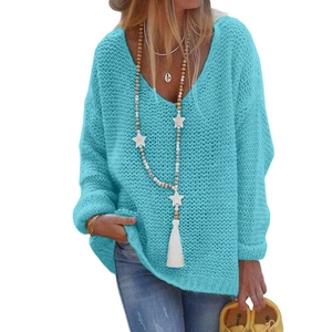Women light blue V-neck hollow knit sweater with long sleeves and loose fit on model