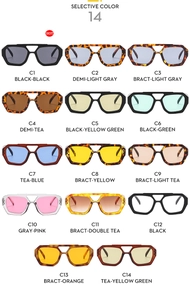 Detailed catalog showing 14 color options of retro double-bridge pilot sunglasses