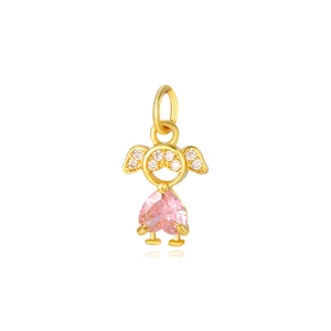 Detail of gold girl pendant with pink heart gemstone and small white crystals