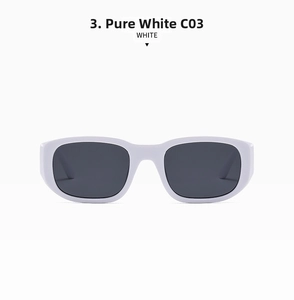 Close-up of solid white rectangular sunglasses frame with dark lenses, model C03