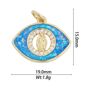 Detail of 18k gold plated eye-shaped pendant with Virgin Mary and blue opal inlay