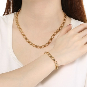 Adjustable golden stainless steel jewelry set with embossed oval chain links on a model