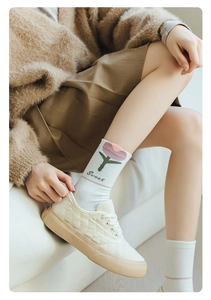 Detail of white cotton crew socks with pink tulip pattern and Sweet lettering