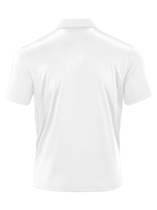 Back view of classic white short sleeve polo shirt showing smooth fabric and collar